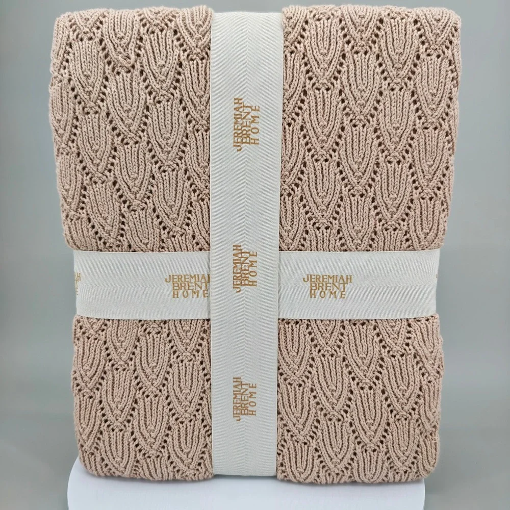Jeremiah Brent Home Knitted Pointelle Scallop Throw Sand 50x60 100% Cotton NWT